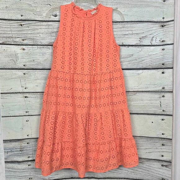 LOFT M Coral Eyelet Tiered Cotton Sleeveless Dress - Picture 1 of 10